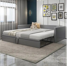 Łóżko wysuwane 90/180 x 200 cm z zagłówkiem, tapicerowane - Aksamit - Stelaż listwowy - Szary