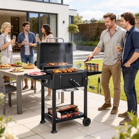 Outsunny Grill węglowy BBQ Smoker z pokrywą, termometrem, regulowaną wysokością węgla, kominem, rusztem, boczną półką i tacką na popiół | Aosom PL