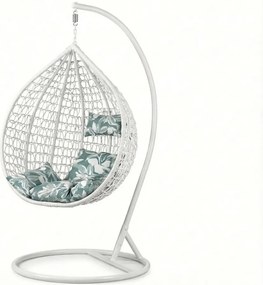 Białe wiszące krzesło KOKON ze stelażem, zielono-biała poduszka