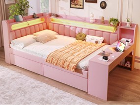 Pikowana kanapa rozkładana 140 x 200 cm - z LED i portem USB - z biurkiem i 2 szufladami - Różowy​ (Materac nie jest wliczony w cenę)