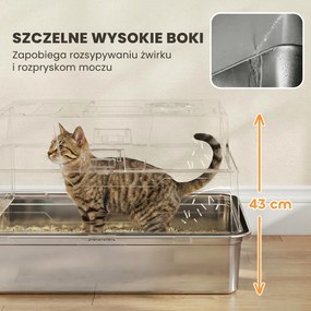 PawHut Kuweta dla kota XXL ze stali nierdzewnej 130L z pokrywą otwieraną 180°, wysokimi ściankami, łopatką i stopniem, 70x50x43 cm, szara | Aosom PL