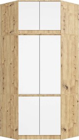 Szafa narożna z nadstawką AKORD S100 Dąb Artisan 100 cm 6 drzwi kolor Biały mat 9 półek 100x50x235 cm