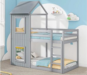 Łóżko piętrowe domek 90x200cm - z litego drewna - z 2 oknami - Szare