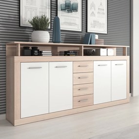 Komoda Czterodrzwiowa z Szufladami BLAGO 190 cm Dąb Sonoma/Biała Nowoczesna