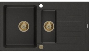Mexen Matias zlewozmywak granitowy 1,5-komorowy z ociekaczem 900 x 505 mm, czarny/złoty metalik, syfon złoty - 6502901505-75-G
