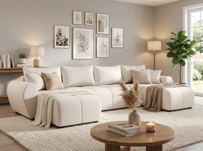 Rozkładany dwustronny zestaw wypoczynkowy w kształcie U SEVIO 311x145 cm, kremowy + 2 poduszki GRATIS