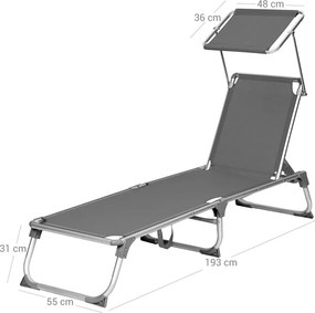 Leżak ogrodowy MALIBU z regulowanym daszkiem, 193x55x31 cm, szary SongmicsHome