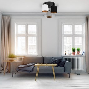 Lampa sufitowa czarna trzypunktowa z szaro-czarno-białymi abażurami C-