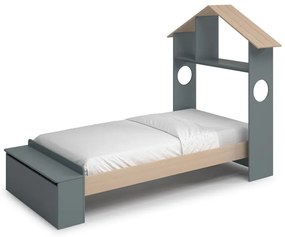 Łóżko dziecięce w dekorze sosny w kształcie domku ze schowkiem ze stelażem 90x190 cm w naturalnym kolorze/szarozielone Odessa – Marckeric