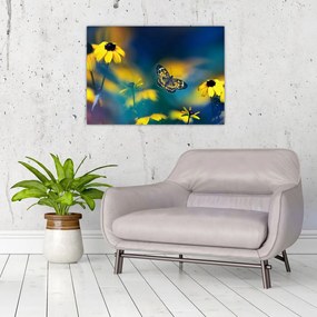 Obraz na szkle - Żółty motyl z kwiatami (70x50 cm)