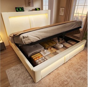 Łóżko podwójne ze schowkiem - 160 x 200 cm - z hydraulicznym stelażem + diody LED + port USB + zaokrąglony zagłówek - aksamitne - beżowe