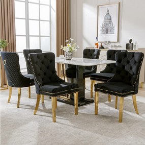 Krzesło do jadalni Aksamitne z ozdobnym pierścieniem i ćwiekami, złote nogi ze stali nierdzewnej – czarne