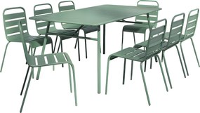 Zestaw mebli jadalnianych ogrodowych z metalu - stół o dł. 200 cm i 8 sztaplowanych krzeseł - Migdałowa zieleń - MIRMANDE marki MYLIA