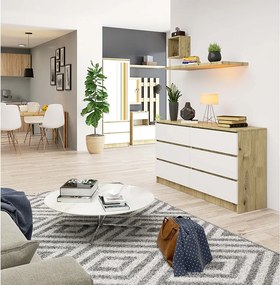 Komoda AKORD K140 Dąb Artisan 138 cm 6 szuflad kolor Biały mat 138x40x77 cm