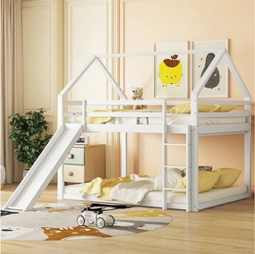 Łóżka piętrowe kabina 2 x 140 x 200 cm - schody i slajd - pin i mdf - biały