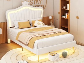 Łóżko z wezgłowiem 90 x 200 cm - skóra ekologiczna - diody LED - nogi metalowe złote - dla dzieci - białe