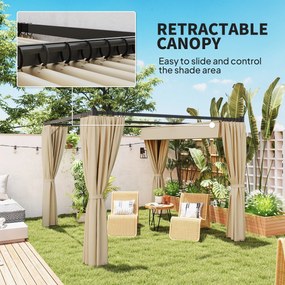 Outsunny Pergola 3 x 3 m, samonośne zadaszenie tarasu z wysuwanym dachem, 4 ścianki boczne, odporne na UV, beżowy | Aosom PL