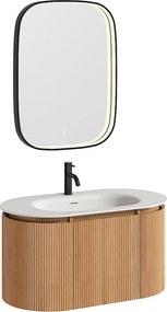 Wisząca szafka łazienkowa z prążkowanego drewna jesionowego z umywalką wpuszczaną, baterią i lustrem – Jasny naturalny - szer. 90 cm - LILIKO