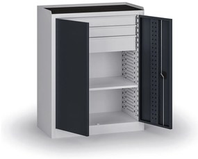 Szafa warsztatowa, 1 półka + 3 szuflady, 1180 × 950 × 500 mm, grafitowe drzwi
