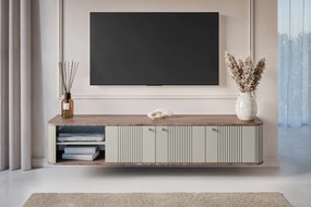 Szafka RTV wisząca Vesper 187 cm trzydrzwiowa - kaszmir / orzech / złote uchwyty