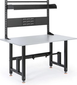 Stół pakowy PROFI z regulacją wysokości, 1400 × 800 × 790–940 mm z nadstawką i uchwytem na rolkę