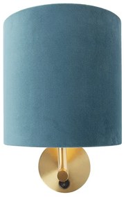 Kinkiet / Lampa scienna vintage złoty z włącznikiem klosz welurowy niebieski - Matt Nowoczesny Oswietlenie wewnetrzne