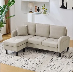 Sofa 3-osobowa z szezlongiem – Narożnik z kieszeniami bocznymi – jasnobrązowa tkanina bawełniano-lniana