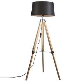 Lampa podłogowa drewno klosz lniany czarny 45cm - TripodPrzemysłowy Oswietlenie wewnetrzne