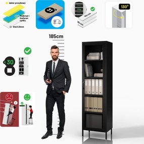 Witryna szklana do salonu wąska metalowa czarna LUIGI Modern 500 x 1800 x 350 mm