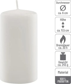 Zestaw świec słupkowych, 11,5 cm, Ø 6 cm, biały, 12 sztuk.