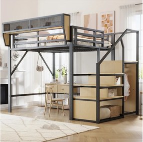 Łóżko piętrowe dla dzieci - 140 x 200 cm - ze schodkami do przechowywania + szafa - MDF + Metal - czarne