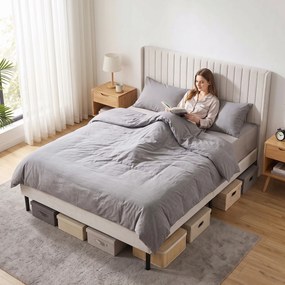 HOMCOM Rama łóżka 140 x 200 cm z regulowanym wezgłowiem, łóżko tapicerowane z 12 listwami, beżowe | Aosom PL
