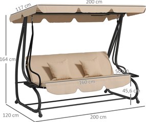 Outsunny Huśtawka Ogrodowa, 3-osobowa z Uchwytami na Napoje, Stal, 200 x 120 x 164 cm, Brązowa