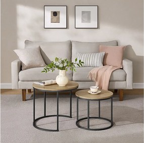 Zestaw 2 okrągłych stolików kawowych Valora – blat z dębu sonoma z czarnymi nogami