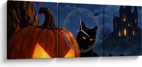 Obraz - Czarny kot przy świecącej dyni na Halloween (z zegarem) (90x30 cm)
