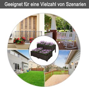 Outsunny podwyższona grządka 4-częściowa skrzynia na rośliny z otworami odpływowymi, skrzynki na kwiaty o wyglądzie rattanu, PP, brązowy