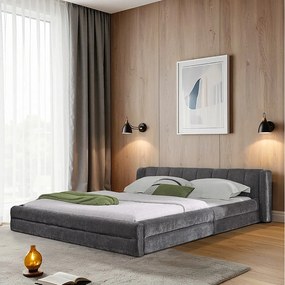 Łóżko podwójne 160×200 cm w tkaninie szenilowej, wygodny zagłówek, solidna rama z eukaliptusa i metalu, łatwy montaż – ciemnoszary