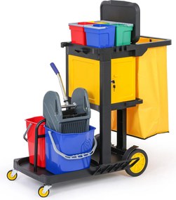 Profesjonalny wózek sprzątający z 6 wiadrami, uchwytami na mopy, szafką i workiem z pokrywą, 1120 × 710 × 1100 mm