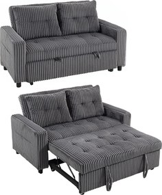 HOMCOM Sofa-łóżko 2-osobowa, pokrycie ze sztruksu, przekształcalna w sofę rozkładaną, 2 poduszki, kieszenie boczne, 157 x 190 cm, ciemnoszara | Aosom PL