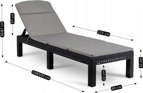 Regulowany leżak ogrodowy składany Luizjana, technorattan z poduszką, czarny/szary