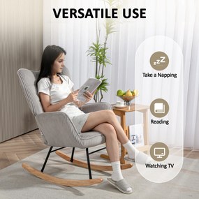 HOMCOM Vintage fotel bujany, zakrzywione płozki, grube wypełnienie, buk i stal, jasnoszary