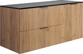 Zestaw łazienkowy: szafka z szufladami i szafka z drzwiami 57×46×120 cm, kolor: Dąb Craft / blat czarny, uchwyt czarny