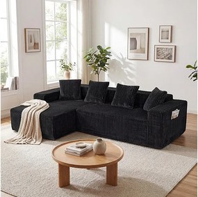 Modułowa Narożna Sofa Lewa - w Welurze Żebrowanym Czarnym - 3-osobowa - z 4 Poduszkami i leżanką - 261x156x80cm