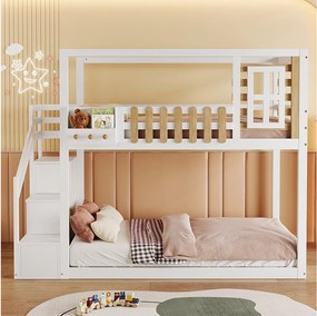 Łóżka piętrowe 2 x 90 x 200 cm ze schodami, oknem i 3 szafkami - drewno sosnowe + MDF - białe (bez materaca)