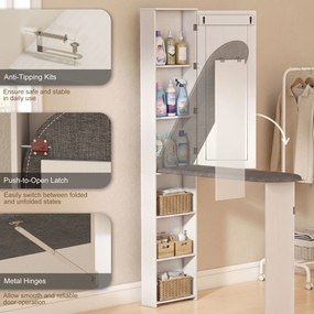 HOMCOM Składana szafka na deskę do prasowania z drzwiami, wewnętrznymi półkami, lustrem. Oszczędzająca miejsce stacja do prasowania 106x35x174 cm biała | Aosom PL