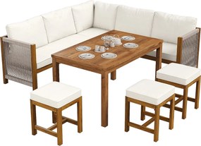 Zestaw mebli ogrodowych 7-8-osobowy - z poduszkami + sofa + 3 hokery + 1 stolik - akacja - beżowy + naturalny