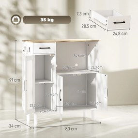 HOMCOM Kredens kuchenny z szufladą, 2 szafkami, otwartą półką, prążkowanymi drzwiami z akrylu 80 x 34 x 91 cm Biały + Dąb | Aosom PL