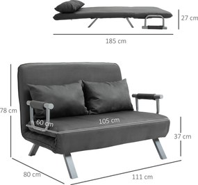 Sofa dwuosobowa rozkładana z funkcją spania łóżko dla gości z podłokietnikami szezlong 3 w 1 szara | Aosom PL