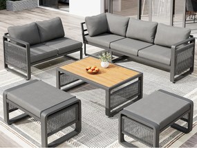 Salon ogrodowy, zestaw mebli na 6-7 osób - lin - kanapa narożna - z żelaza ocynkowanego - stolik kawowy - 2 taborety, Szary