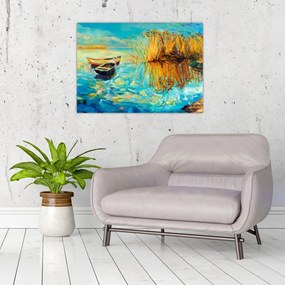 Obraz na szkle - Jezioro z łodziami (70x50 cm)